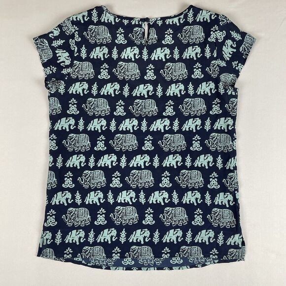 Lucky Brand Chiffon Short Sleeve Blouse Women's Small Blue Elephant Pattern Boho - Picture 2 of 13